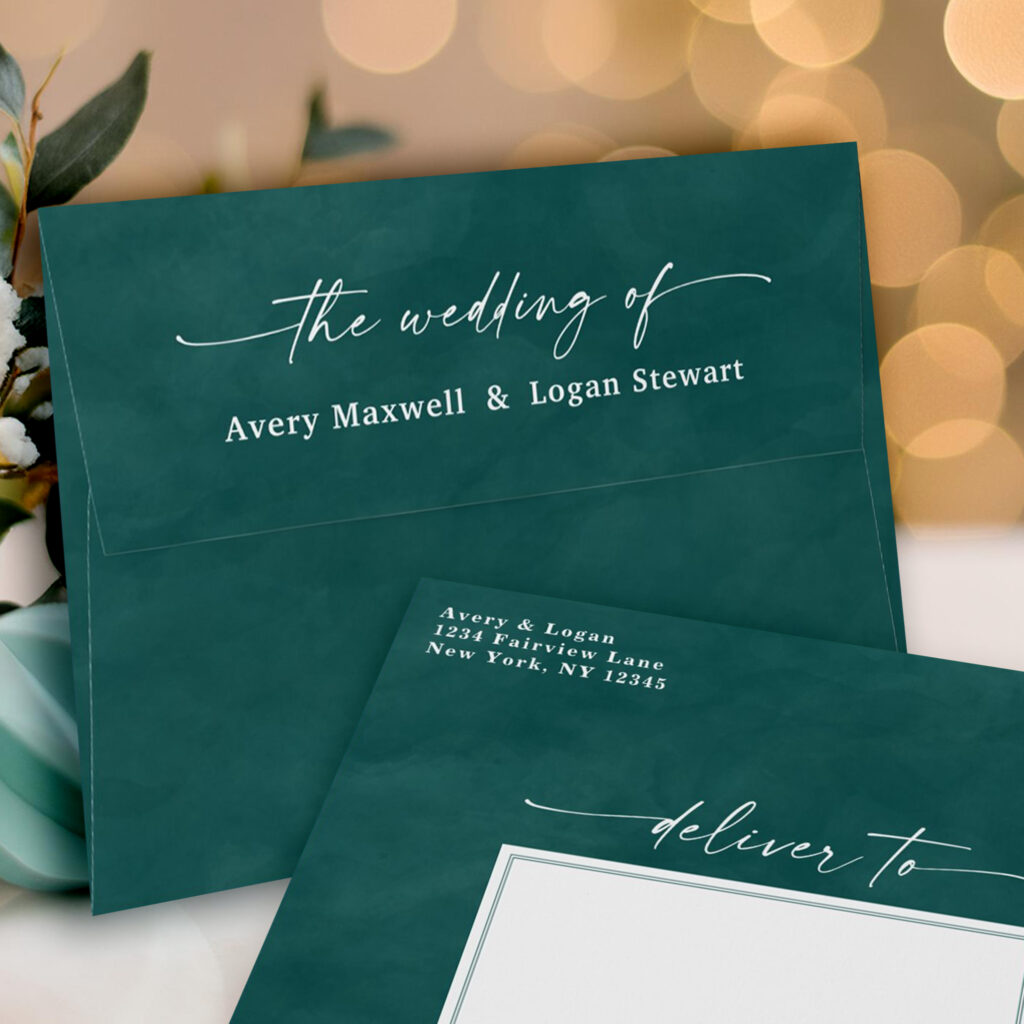 Teal wedding invitation envelope with personalized script design.