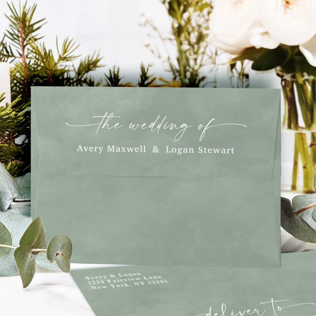 Wedding invitation envelope in soft light green watercolor design, personalized with wedding details.