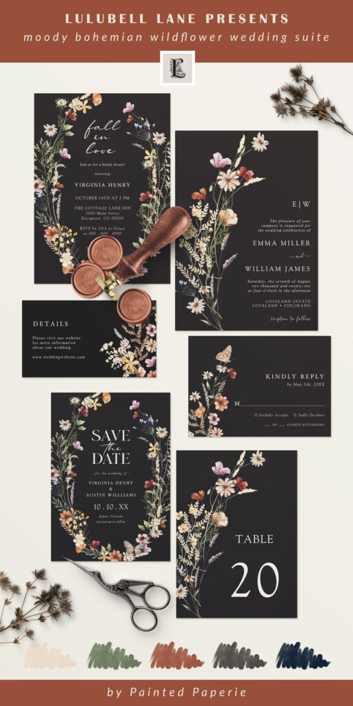 A Moody wildflower wedding invitation suite showcasing dark wedding invitations, rsvp cards, save the dates, and wax seals. The invitation suite has a rustic bohemian aesthetic.