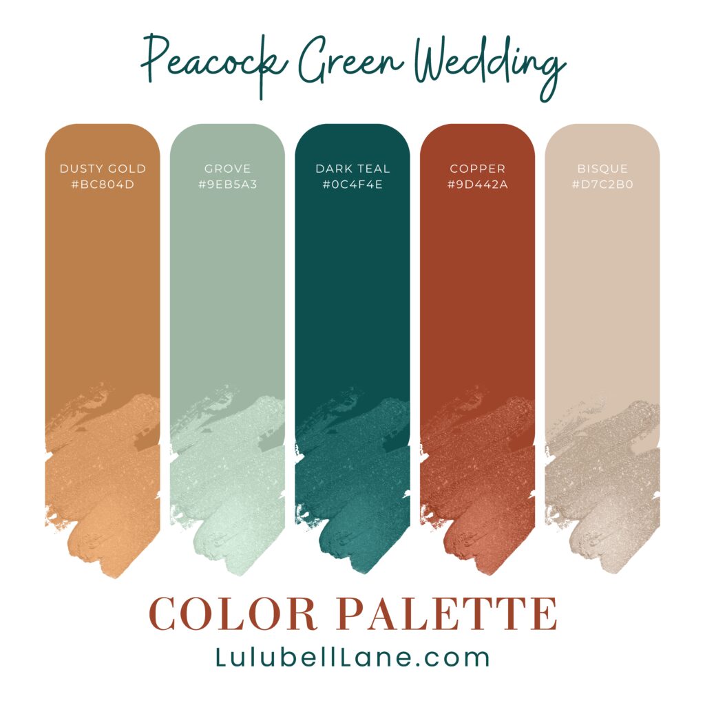 Color palette swatches for dark teal and copper wedding theme.