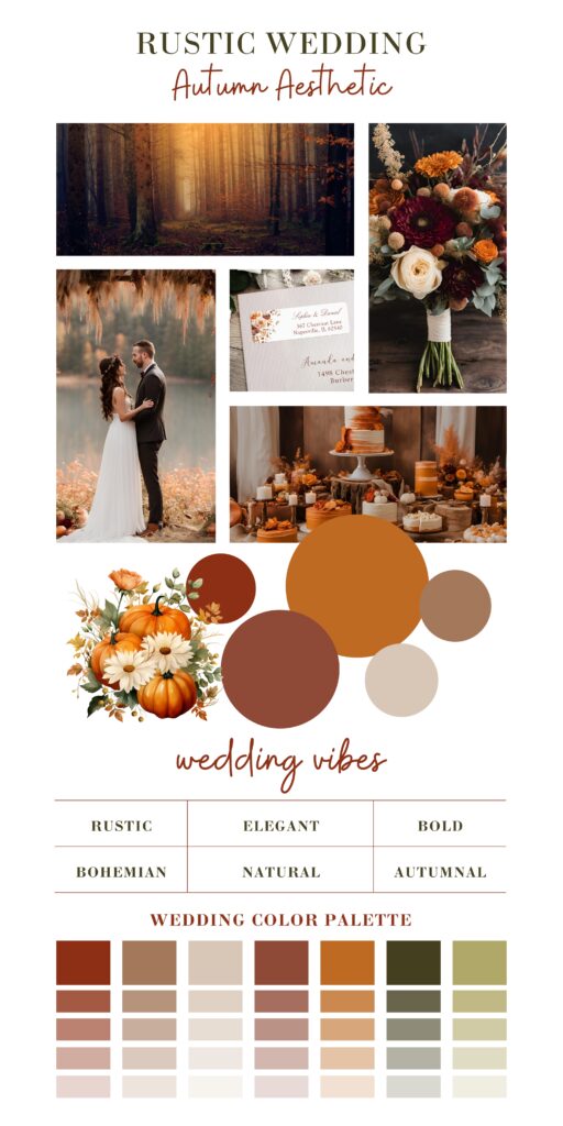 Rustic Wedding Autumn Aesthetic Moodboard with a Color Palette Showcasing a Fall Color Scheme.