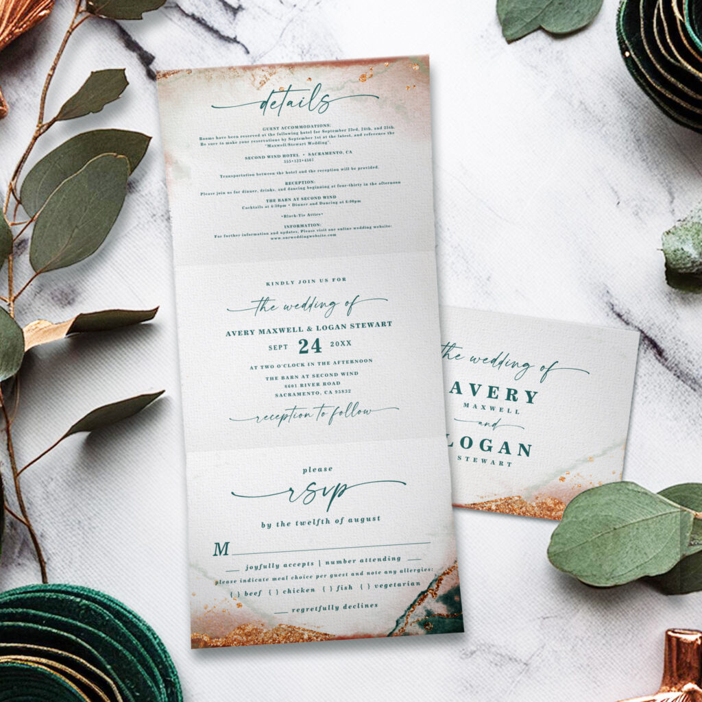 Tri-fold wedding invitation featuring an abstract teal and copper watercolor design with detailed wedding information.