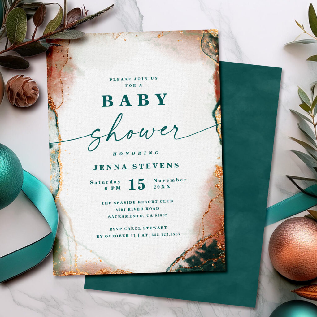 Modern teal and copper baby shower invitation with abstract design.