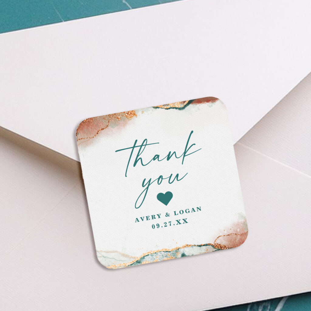 Modern teal and copper wedding thank you sticker with abstract design.