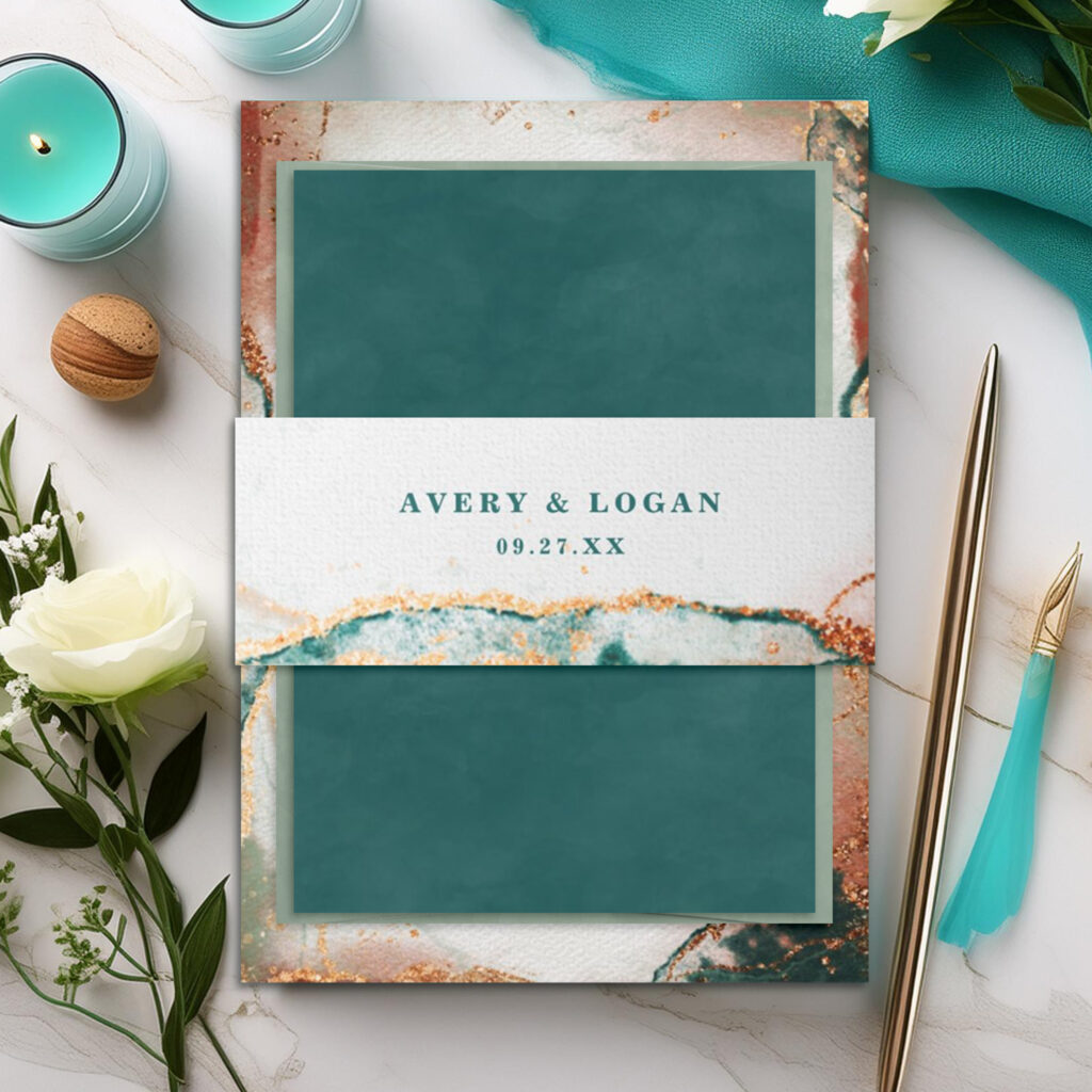 Elegant teal and copper wedding invitation belly band with a modern abstract design and personalized text.