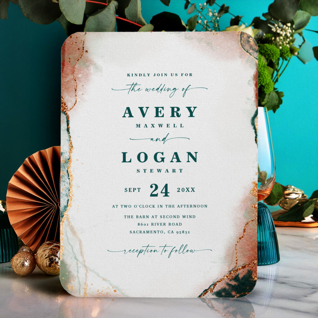 Wedding invitation magnet featuring an abstract teal and copper watercolor design with elegant text for a modern wedding.