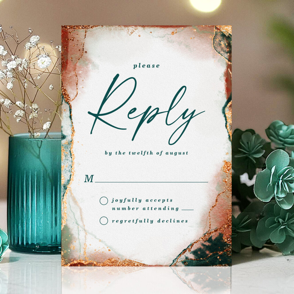 Modern teal and copper wedding RSVP card with abstract design and response options.
