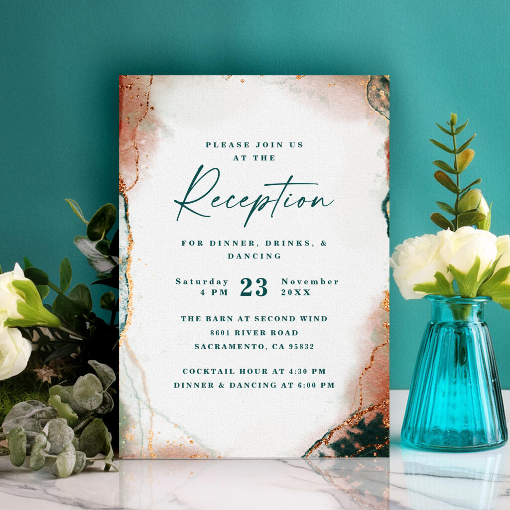 Modern abstract teal and copper wedding reception invitation card with elegant design and metallic accents, set against a teal background with floral decor.