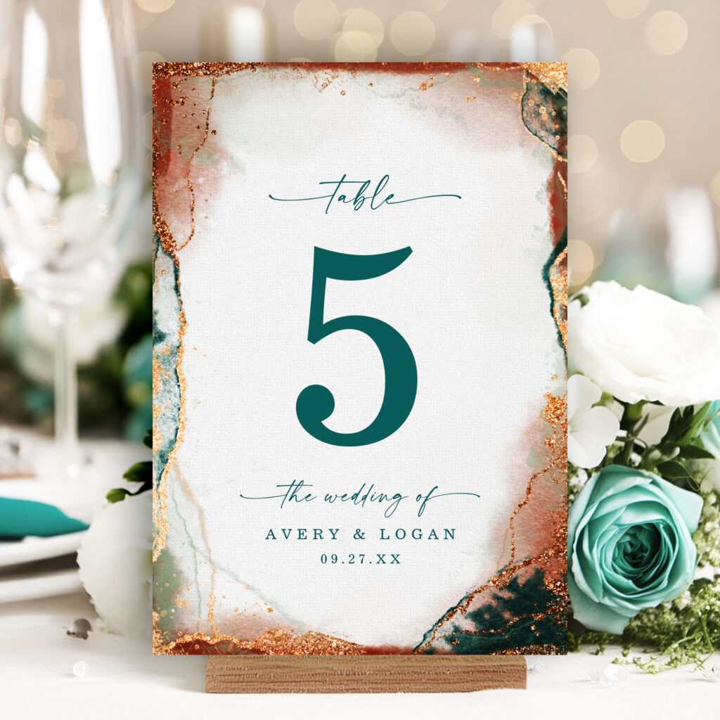 Modern Teal and Copper Wedding Table Number Card