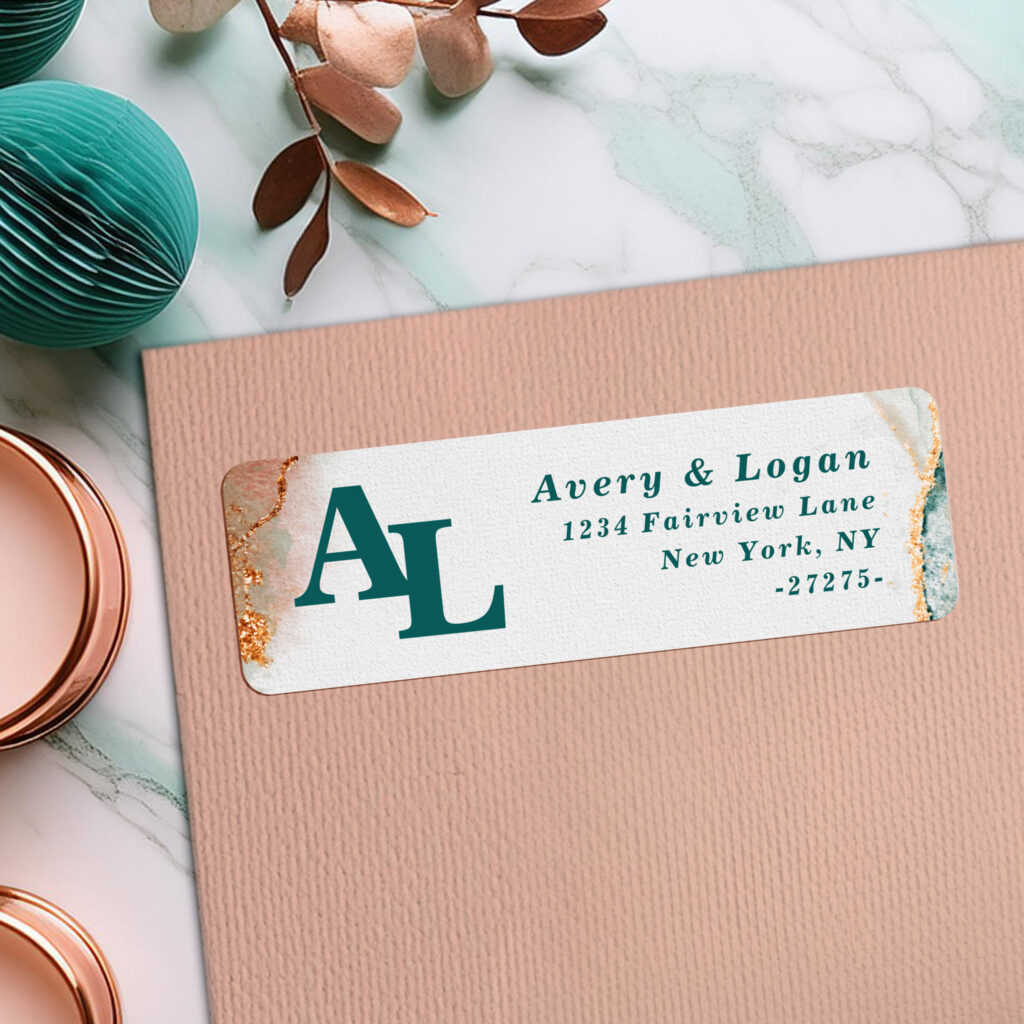 Elegant teal and copper wedding return address label with a modern abstract design and personalized monogram.