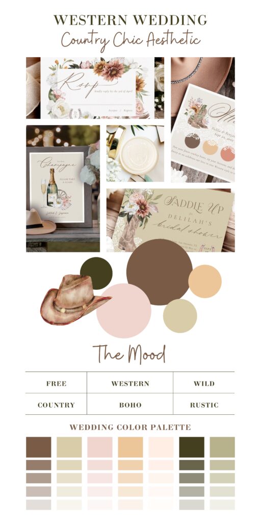 Country Chic Western Wedding Aesthetic Moodboard Featuring a Trendy Color Palette and Wedding Inspiration.