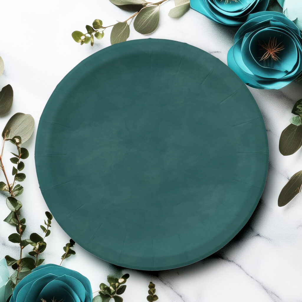 Simple dark teal watercolor paper plates surrounded by teal roses and greenery.