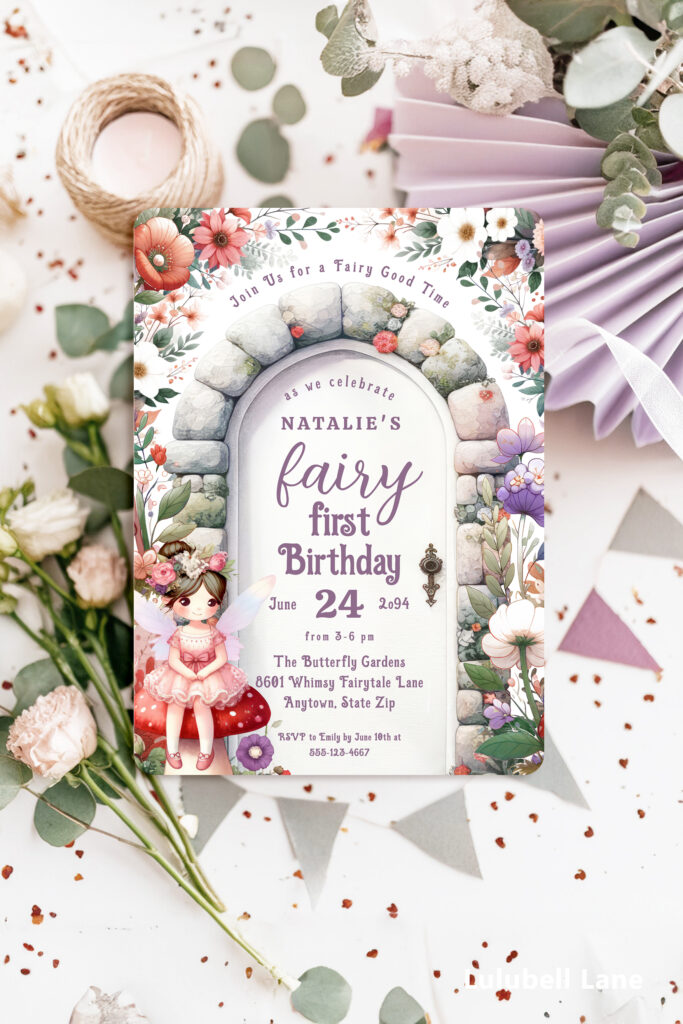Fairy First Birthday Party Invitation with Brown Hair Fairy Girl