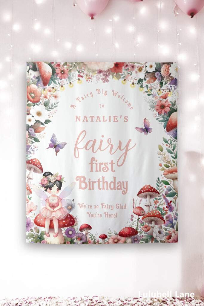 Charming Fairy First Birthday Party Welcome Backdrop