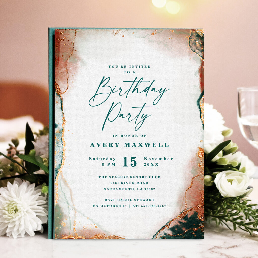 Modern teal and copper birthday party invitation with abstract design.
