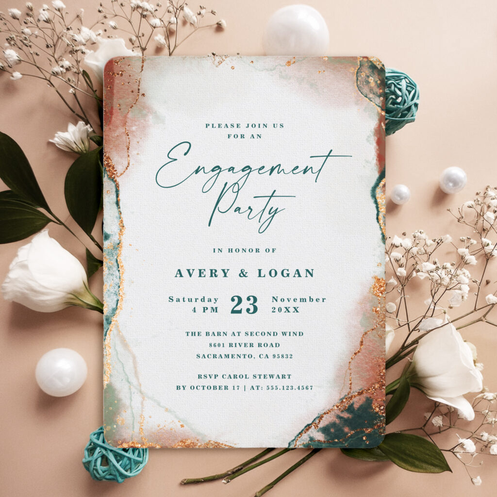 Teal and Copper Engagement Party Invitation