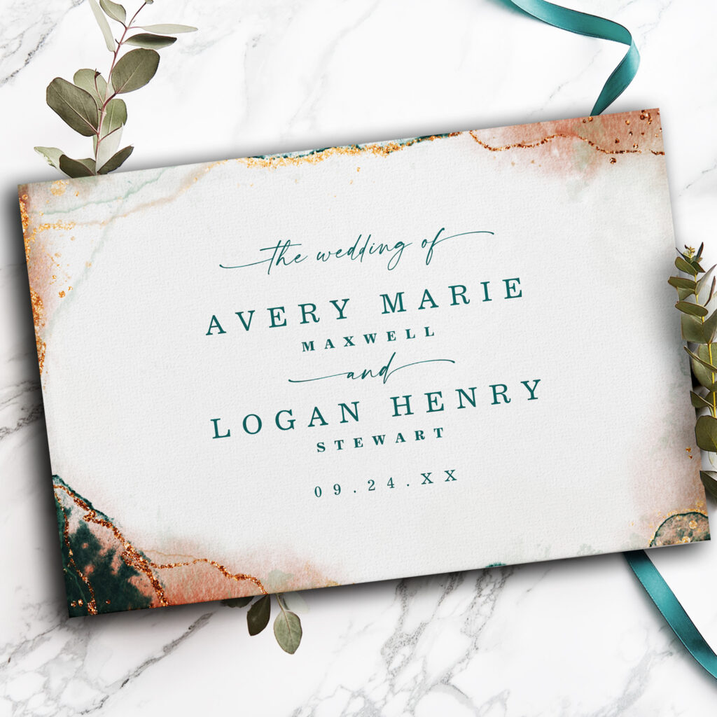 Elegant Teal and Copper Watercolor Wedding Guest Book