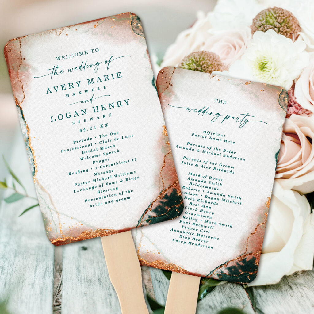 Modern Teal and Copper Wedding Ceremony Program Hand Fans