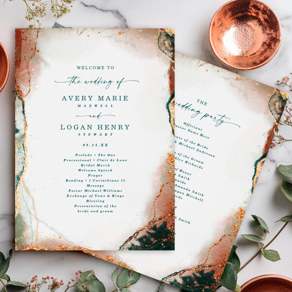Modern teal and copper wedding ceremony program with abstract design.