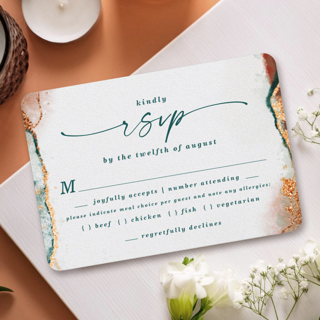Elegant Teal and Copper Wedding Meal Choice RSVP Cards