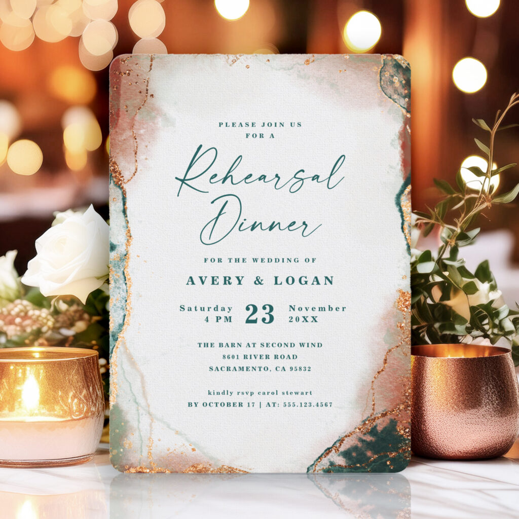Teal and Copper Rehearsal Dinner Invitation