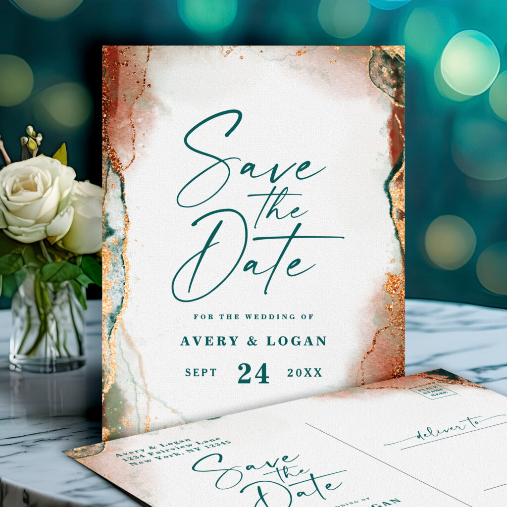 Teal and Copper Abstract Save the Date Postcard