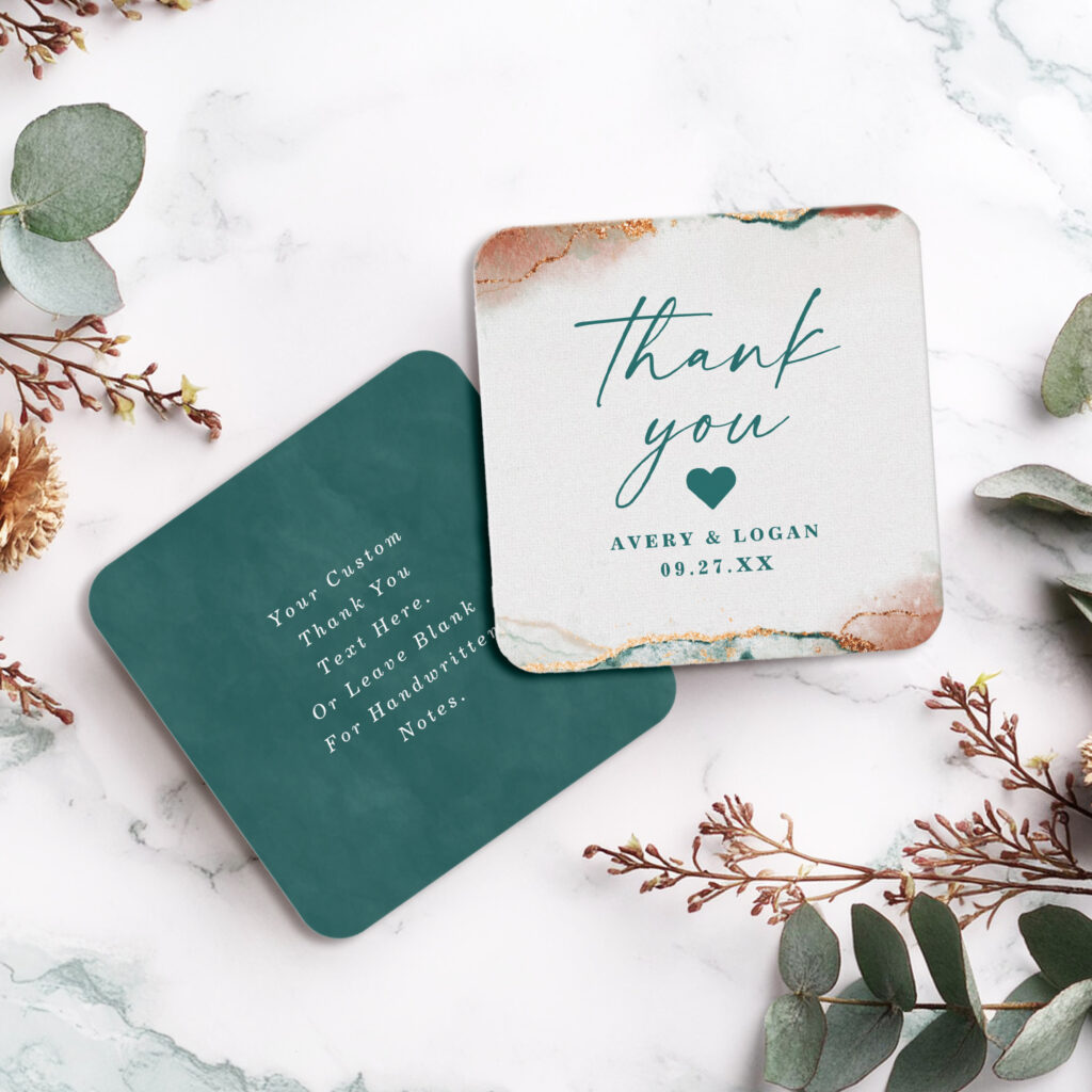 Modern teal and copper wedding thank you note cards with abstract design.